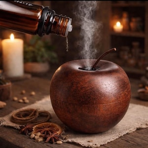 May include: A brown wooden apple-shaped essential oil diffuser with a stem, emitting steam. A brown bottle is pouring oil into the diffuser. The scene includes a lit candle, spices, and a rustic aesthetic.