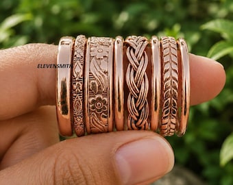 8 Set Hammered Copper Stacking Rings, 100% Pure Copper Stackable Ring Set, Minimalist Band Rings, Braided Floral Rings, Handmade Ring,