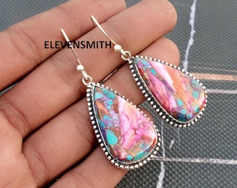 Gift For Girl Friends, Pink Dahlia Turquoise Gemstone Earing, Dangle Drop Earing, Handmade Designer Earrings, 925 Sterling Silver Jewellery