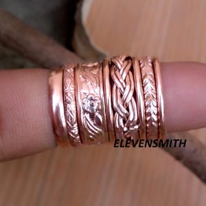 8 Set Hammered Copper Stacking Rings, Braided Floral Band, Pure Copper Jewelry
