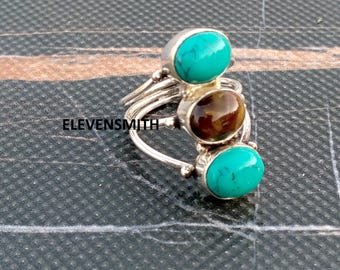 Turquoise & Tiger's Eye Ring, 925 Sterling Silver Ring, Multiple Gemstone Ring, Handmade Ring, Women Jewellery, Three Stone Statement Ring