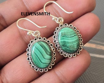 Handgemaakte designeroorbellen, echte malachiet edelsteenoorbellen, liefdescadeau, 925 sterlingzilveren sieraden, cadeau voor vrouwen, bengelen druppeloorbellen