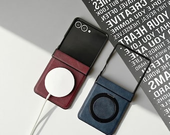 Drehbare Ring Stand magnetische Ledertasche für Samsung Z Flip 7/6/5/4/3 - MagSafe Lade- und Scharnierschutzabdeckung