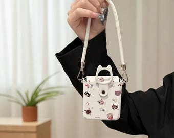 Kitten-schermvullende hoes voor Samsung Z Flip 7/6/5 – Cat Ring-standaard en leren bandbeschermhoes