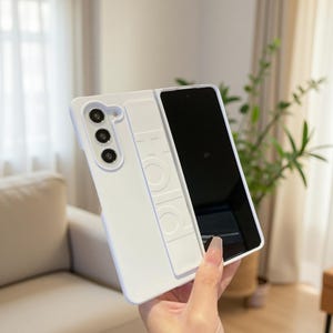 May include: A white phone case with a three-lens camera cutout and the word "HOLD" embossed on the side. The phone case is open, revealing a black screen. The case is held in a hand.