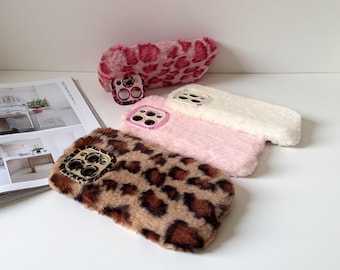 Leopard Fluffy Fur Case for iPhone 17 Pro Max 16 Plus 15 14 13 12 11, Soft Furry Cover with Kickstand Camera Frame
