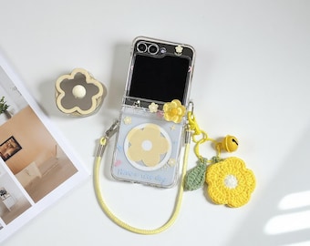 Cute Flower Magnetic Case for Samsung Z Flip 7 6 5, Magsafe Stand Cover with Lanyard, Small Daisy Shockproof Shell