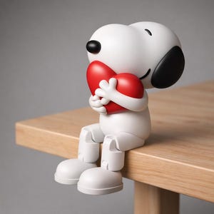 Könnte beinhalten: Eine weiße Snoopy-Figur, die ein rotes Herz hält und auf einer Holzoberfläche sitzt. Die Figur hat schwarze Ohren und Augen. Das Herz ist glatt und abgerundet. Das Design ist schlicht und modern, mit dem ikonischen Charakter.