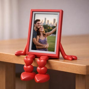 May include: A red picture frame with a photo of a couple taking a selfie. The frame has a unique design with legs made of stacked hearts and arms extending to the sides. The frame is sitting on a wooden surface.