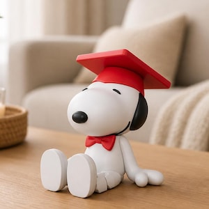 Może przedstawiać: Biała figurka Snoopy'ego w czerwonej czapce absolwenta i muszce. Figurka siedzi na drewnianej powierzchni. Figurka Snoopy'ego ma czarne uszy i czarny nos. Figurka jest przedmiotem kolekcjonerskim.
