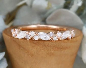 Marquise & Round Cut Half Eternity Moissanite Wedding Band 14K Solid Gold Cluster Diamond Anniversary Stacking Ring Bridal Engagement Band