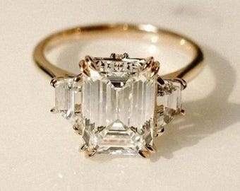 Ethical Trilogy Emerald Cut Moissanite wedding Anniversary Ring 14K Yellow Gold Triple Stone Side Trapezoid Baguette Proposal Gift For Wife