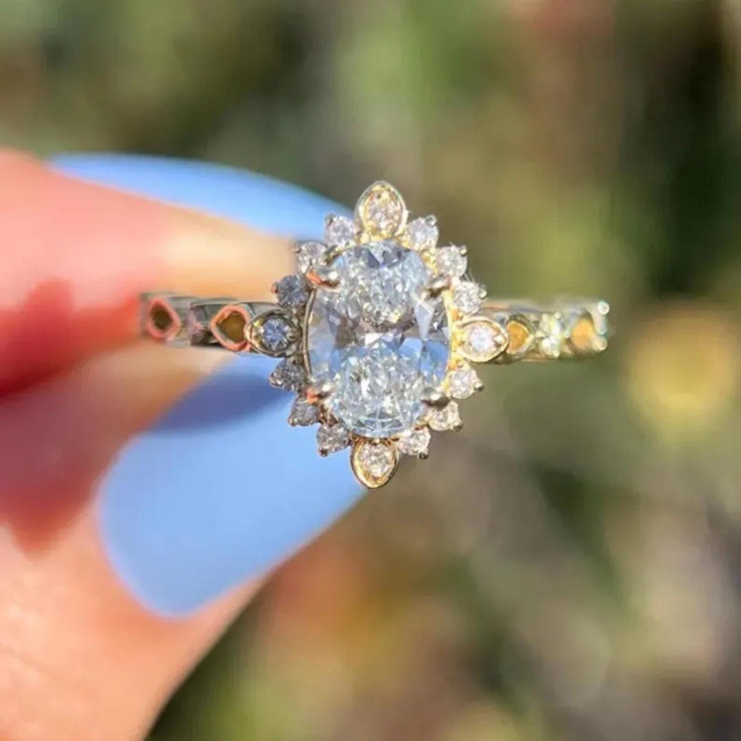 Oval Cut Moissanite Engagement Ring Vintage Yellow Gold Ring Halo Ring ...