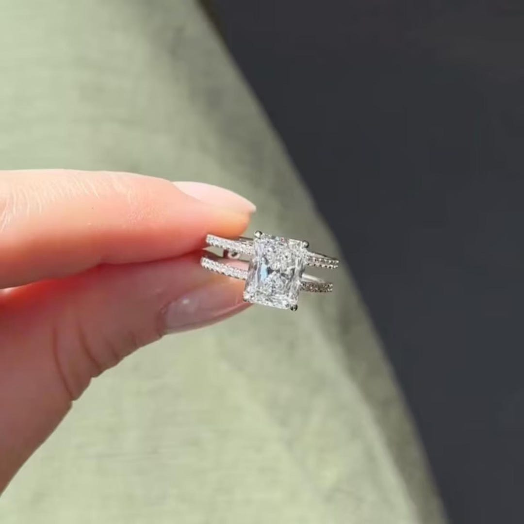 Radiant Cut Double Band Pave Wedding Ring, Moissanite Engagement Ring ...