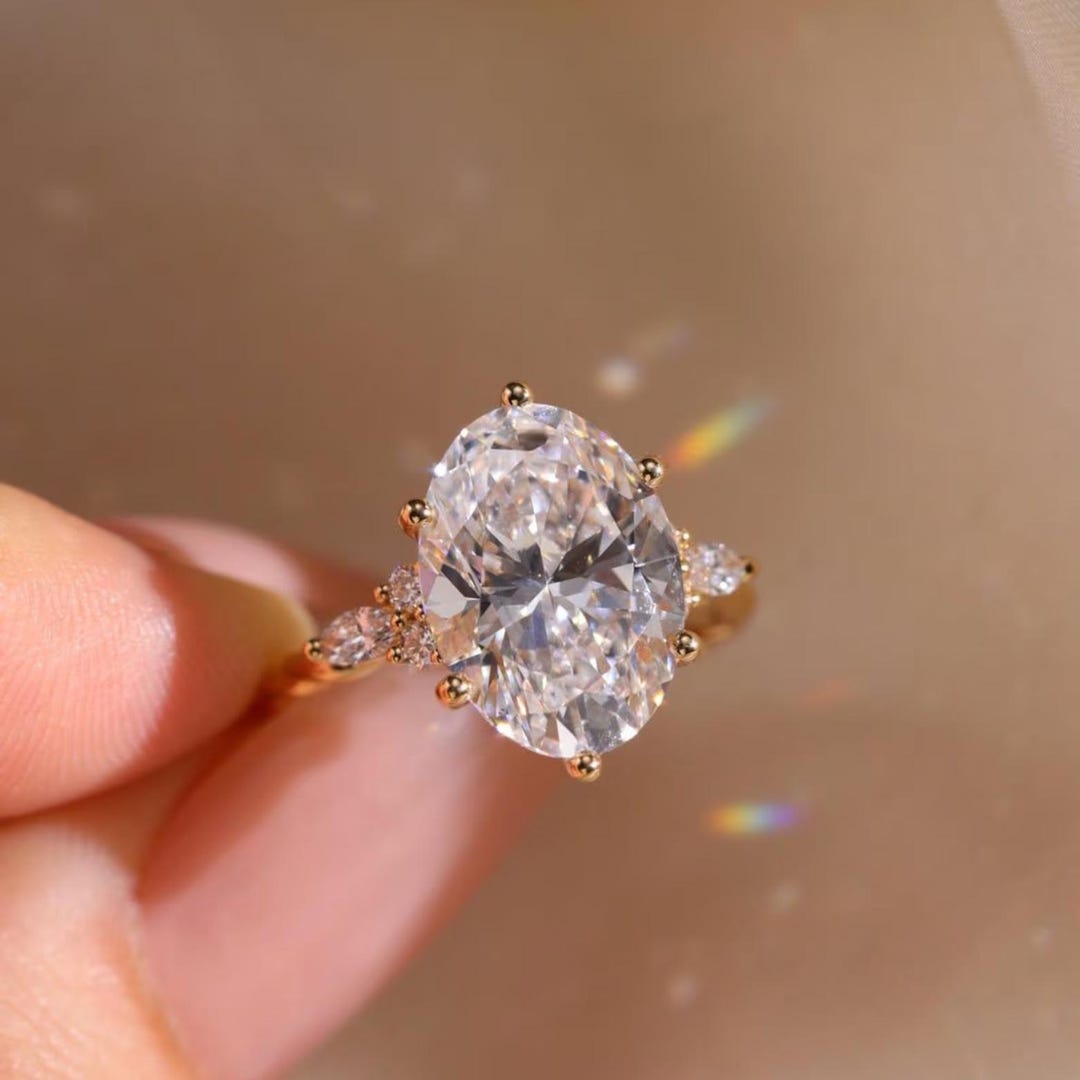 Oval Cut Moissanite Cluster Engagement Ring Solid Yellow Gold Wedding ...