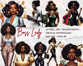 May include: Digital download featuring illustrations of stylish women in business attire. The image includes the text "Boss Lady" and details about the file format, resolution, and size: 22 PNG, HD, transparent, digital download, 600 DPI, 12x12 in.