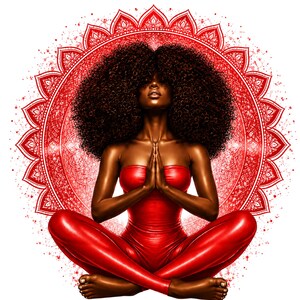 Konst med gudinna i rotchakrat | Väggdekoration med röd meditationskvinna (utskrivbar)