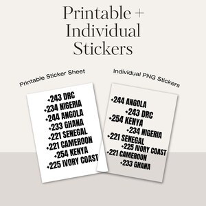 Könnte beinhalten: Zwei weiße rechteckige Aufkleber mit schwarzem Text auf hellbeigem Hintergrund. Auf den Aufklebern steht "Printable + Individual Stickers". Auf einem Aufkleber steht "Printable Sticker Sheet" und auf dem anderen "Individual PNG Stickers". Jeder Aufkleber listet Ländercodes und Ländernamen auf.