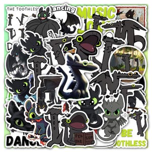 May include: A collection of black dragon stickers with green eyes and various poses. Some stickers feature text like "DANCING MUSIC" and "BE TOOTHLESS". The stickers are on a white background.