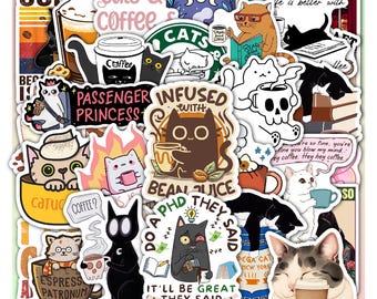 Coffee Cat Sticker Sheet - Vinyl Decal 40 Pieces