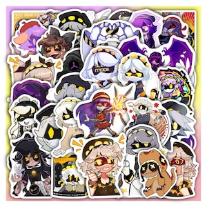 May include: A collection of colorful stickers featuring anime-style characters with yellow eyes and various outfits. Some stickers have text like "SLEEP MODE" and "NULL". The stickers are on a white background with a pink border.
