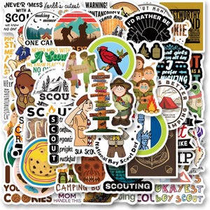 May include: A collection of colorful, die-cut stickers with various designs related to scouting and camping. The stickers feature illustrations of scouts, camping scenes, and text like "Scout," "Camping," and "Adventure." The stickers are perfect for decorating notebooks, water bottles, or laptops.