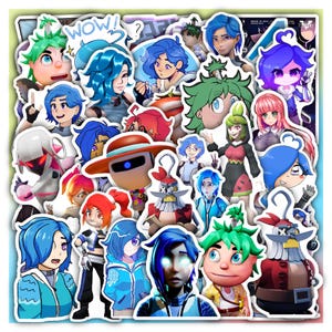 May include: A collection of colorful stickers featuring various anime-style characters with blue, green, and red hair. Some stickers have text, including "WOW!" and question marks. The stickers are on a white background with a colorful border.