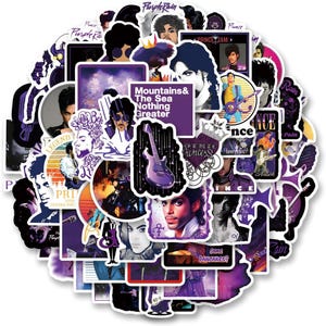 May include: A collection of stickers featuring images of the musician Prince in various poses and styles. The stickers are predominantly purple and white, with some featuring text like "Purple Rain" and "Prince".