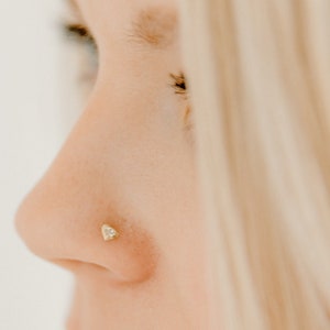 14k Solid Gold Nose Bone Heart with Prong Set CZ  | Heart Design | 14k Nose Stud | Gift for Her - Ready To Ship | 7mm Long 23g Nose Jewelry