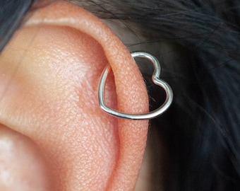 Helix Earring - Heart Cartilage Earring - Sterling Silver Helix Earring - Silver Open Heart Helix Hoop Earring - Silver Helix Heart Jewelry