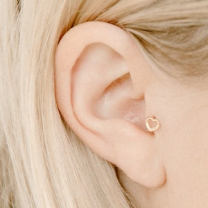 Tragus Earring 14k Solid Gold | Heart Shape Cartilage Earring | Cut Out Heart Design with Screw Ball Backing | Cute Tiny Heart Stud Jewelry