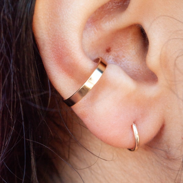 Gold Cuff or Set of Little Hoop Earrings With Cuff  | Pair of Small Gold Hoop Earrings | 14k Gold Filled Earrings for Women