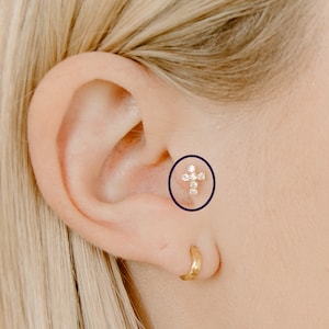 Tragus Earring 14k Solid Gold | Cross Shape Cartilage Earring | CZ Cross Design with Screw Ball Backing | Cute Tiny Cross Stud Jewelry