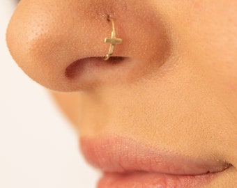 Cross 14k Solid Gold Nose Ring Hoop | 14k Gold 8mm Hoop | 20 Gauge Cross Nose Ring | Piercing Hoop 8mm 20g