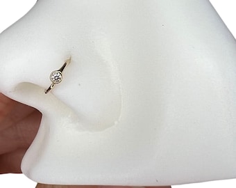 14k  20g Nose Ring Hoop 7 mm | Bezel Set 1 mm Stone | Delicate Solid Yellow Gold Nose Hoop | 14k Body Jewelry for Her Women | Feminine