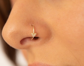 14k Heart CZ Nose Hoop 8MM 20 Gauge | Pave Set Heart Shaped Nose Ring | Real Gold Stamped 14K | Chevron Diamond Nose Piercing Hoop 8 mm 20g