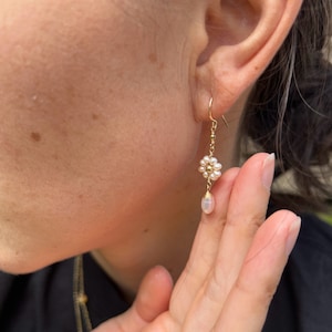 Daisy Pearl Drop Dangle Earrings | Long Pearl Flower Dangles  | Gold Earrings for Women | Pearl Earrings for Her, Gift Wrapped