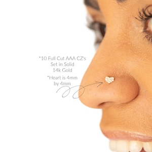 Pave Like Diamond Nose Stud ~ Solid Gold Heart Bone Nose Stud Covered With Stones - 10k Nose Ring Stud - Gift for Her ~ Small Heart Jewelry