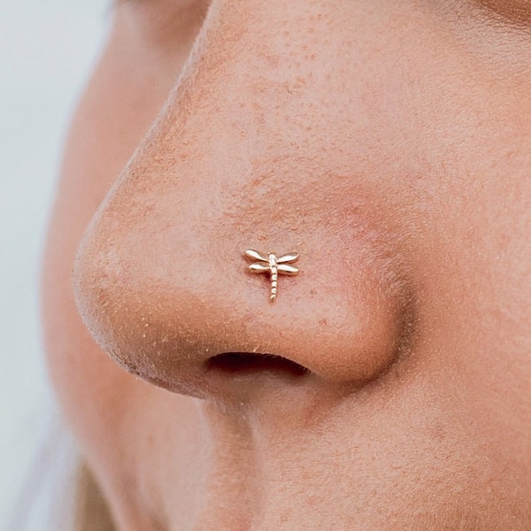 Dragonfly Nose Stud, Solid 14k Gold Nose Stud, Insect Jewelry, Dragonfly for the Nose, Cute Unique Stud for Women, Symbol of Transformation