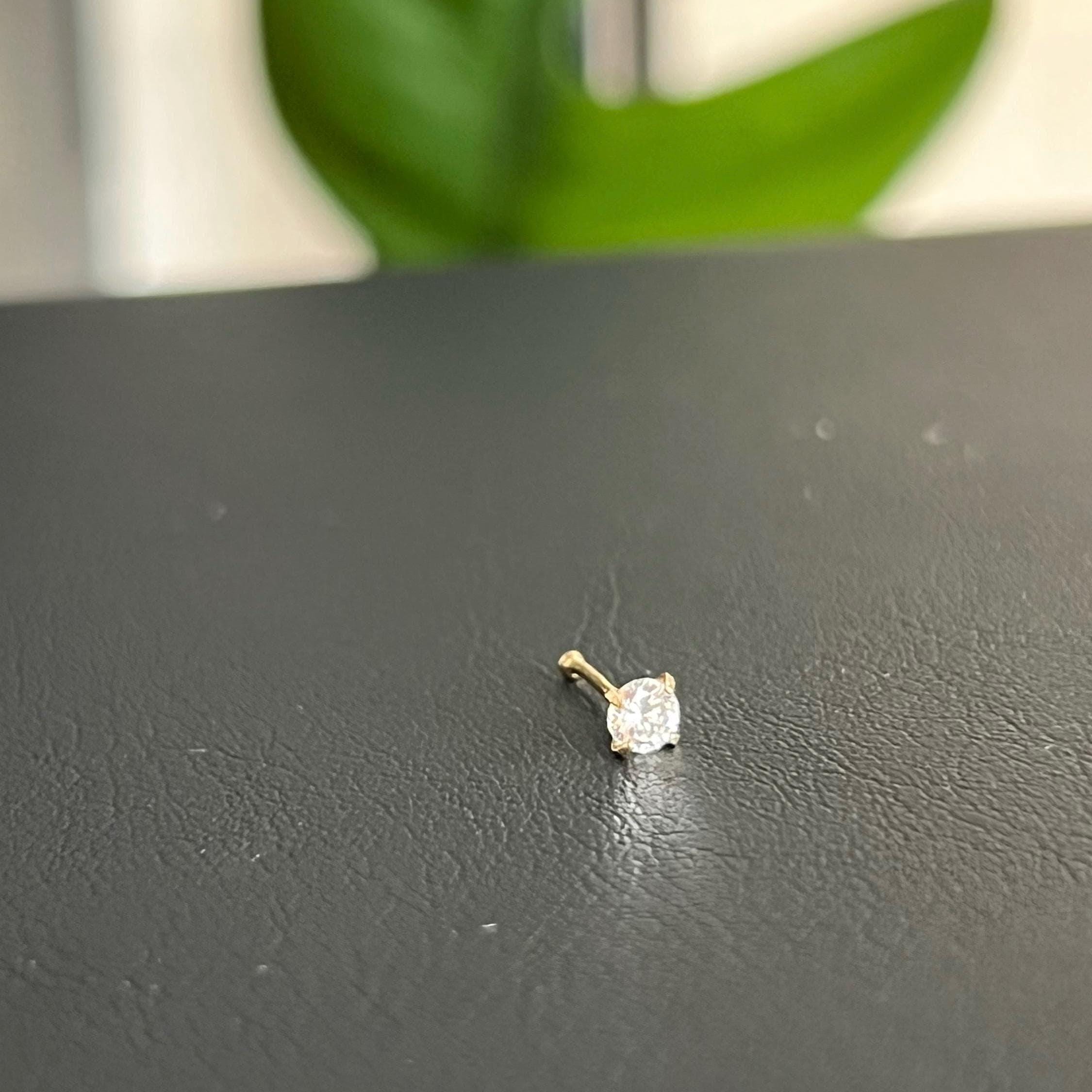 Tiny Real 14k Solid Yellow Gold White CZ Nose Stud – 18g (1mm), 2.5mm Round, Push Pin, Karizma Jewels