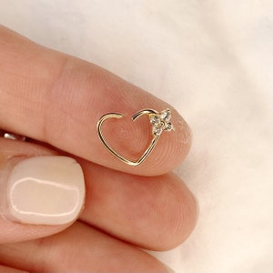 Helix Earring - Heart Cartilage Earring - 14k Solid Gold Helix Earring - Gold Open Heart Helix Hoop Earring - Gold Nose Heart Jewelry