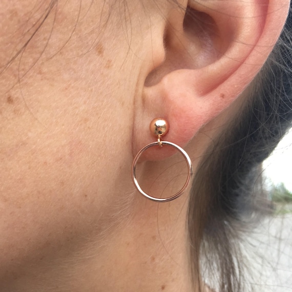 14K Rose Gold Filled Hoop Earrings: Minimalist Dangle Post Hoops, Ball Studs with Dangle