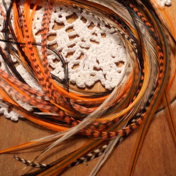 Rustic Orange Grizzly Feather Hair Extension kit with photo directions  7 TO 11  inches long   6 feathers   NEW COMBO