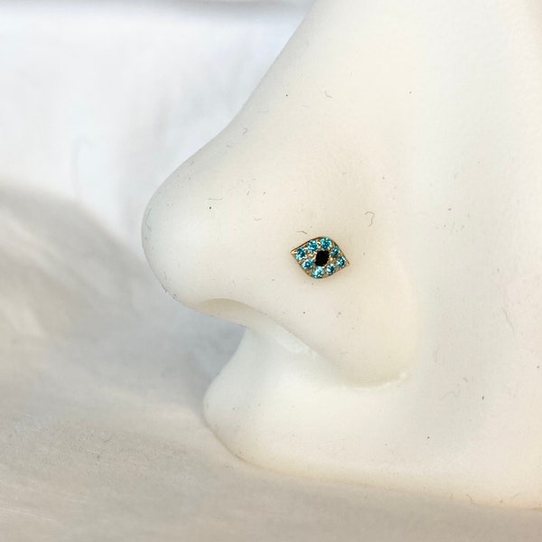 Evil Eye Nose Bone 14k Gold | Solid 14 Eyeball Nose Stud | Blue Simulated Diamond CZ | Multi Blue Eye Piercing Stud | Dainty 20 Gauge 20g