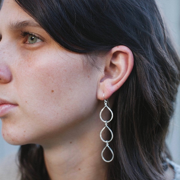 Long Dangle Earrings - Long Silver Earrings - Hammered Hoop Earrings Silver - Sterling Silver Jewelry - Everyday Summer Jewelry For Her