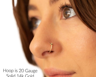 Solid 14k Gold Sapphire Nose Ring - 20g 6mm 7mm 8mm Flower Nose Hoop - Real Gold with Stones Piercing Jewelry