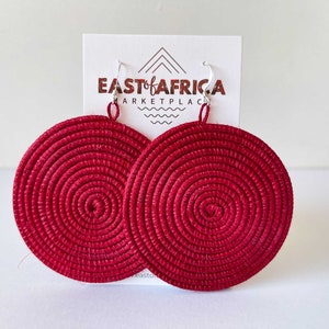 Round Woven East African Earrings DARK RED