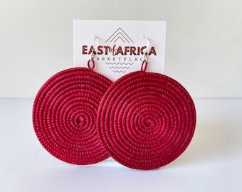 Round Woven East African Earrings DARK RED