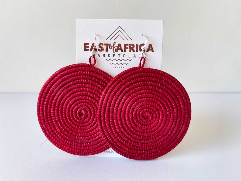 Round Woven East African Earrings DARK RED image 1