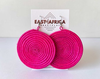 Round Woven East African Earrings HOT PINK